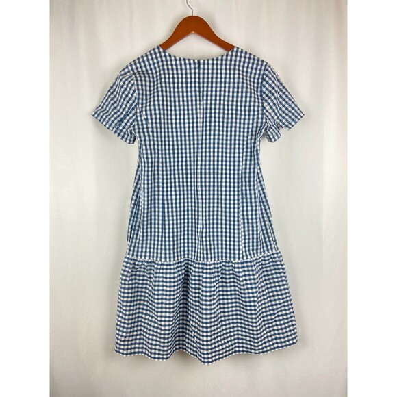 Universal Standard J Crew Gingham Dress Small Ruffles Blue Shift Drop Waist FLAW - Picture 3 of 12